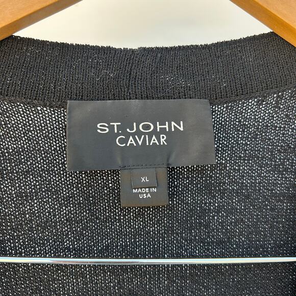 St. John Caviar Black Santana Knit V-Neck Cardigan Shell Gold Buttons XL Classic - Picture 3 of 7